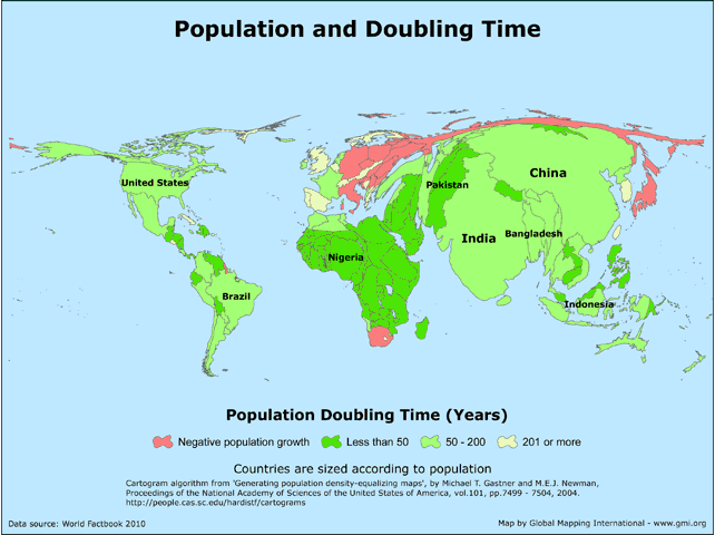 Population and Doubling Time - 2010 (Cartogram)